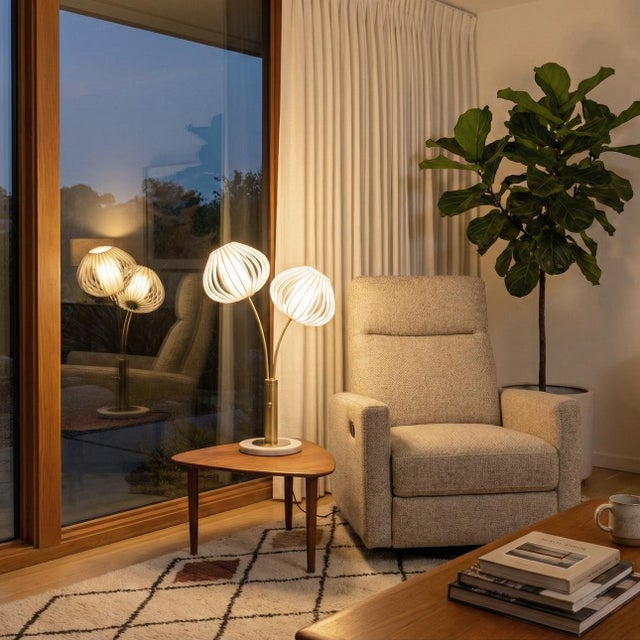 Contemporary Bloom 2-Light Table Lamp - Weathered Brass, White Marble Base, White Satin Shade For Sale - Image 3 of 8