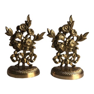 Vintage Brass Rose Bookends For Sale