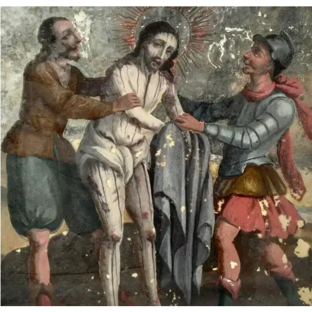 Pair of Spanish Colonial School Reverse Glass Paintings Framed For Sale In Tampa - Image 6 of 16