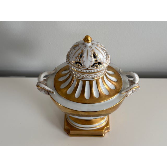 Antique Dresden Porcelain Urn Vase With Figural Ram Handles & Reticulated Lid For Sale - Image 12 of 12