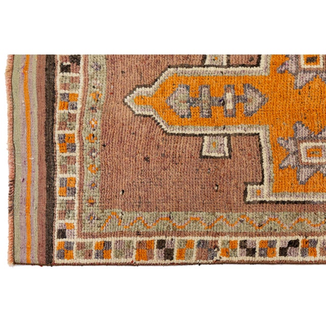 1960s Handmade Vintage Turkish Brown Wool Runner With Tribal Star Motifs For Sale - Image 5 of 10