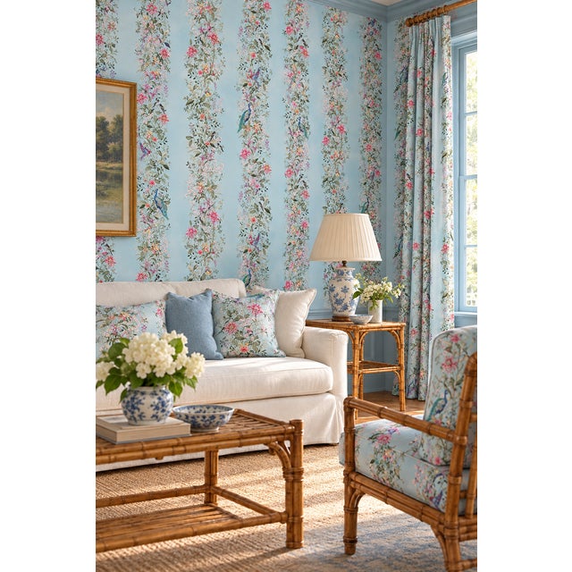 Chinoiserie Mahjong Floral Stripe Grasscloth Wallpaper by House Party | Bam Blue | 6 Yards For Sale - Image 3 of 11
