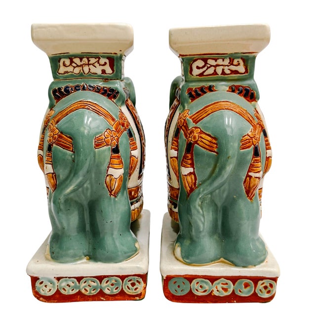 Celadon Vintage Chinoiserie Celadon & Ochre Ceramic Elephant Glazed Plant Stands / Bookends For Sale - Image 8 of 10