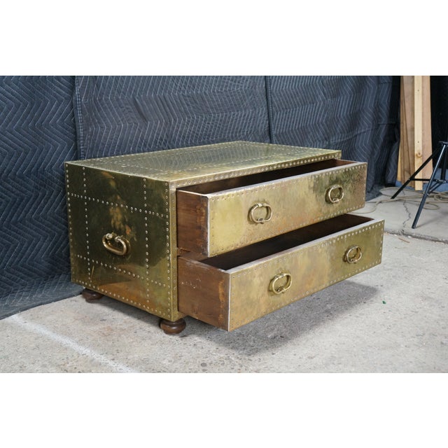 1970s 1970s Sarreid Brass Clad Nailhead Dresser Chest of Drawers Campaign Console 34" For Sale - Image 5 of 11
