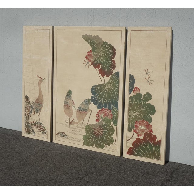 Vintage Oriental Asian Three Panel Picture Screen Crackle & Etched Finish For Sale - Image 4 of 16