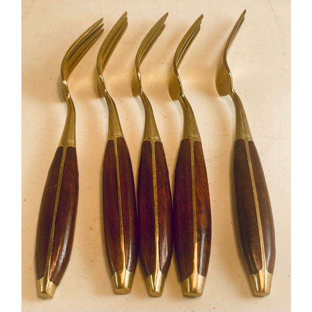 Mid 20th Century Mid 20th Century Rosewood & Brass Small Desert H'Ordreves Forks Flatware Set of 5 For Sale - Image 5 of 11