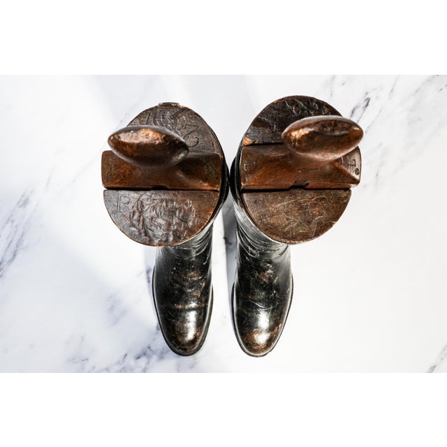 Stately Antique English Black Leather Horse Riding Boots With Wood Trees Equestrian Country Home Decor For Sale - Image 4 of 12