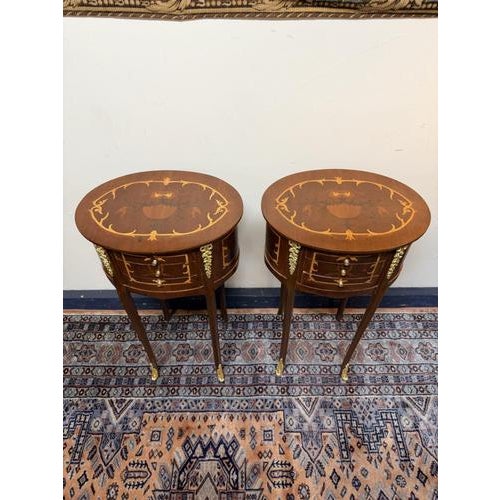 Oval Veneer Nightstands with Brass Decor, Set of 2 For Sale - Image 3 of 6
