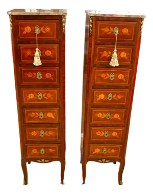 Pair of French Louis XV Inlaid Marble Top Semainier Lingerie Chests Circa 1910