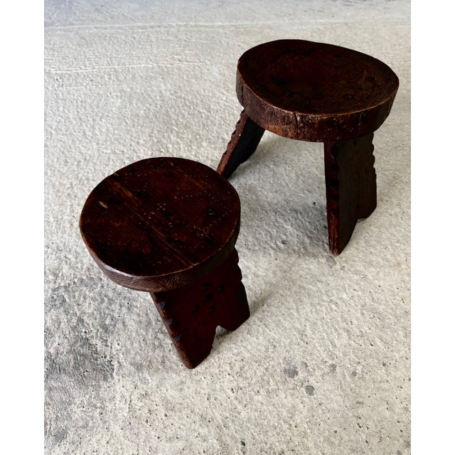 Brown Hand Crafted Carved Low Stools, Spain, 1960s, Set of 2 For Sale - Image 8 of 18