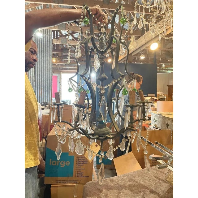 French Iron and Crystal Chandelier – 1940s Vintage Fixture For Sale - Image 6 of 7