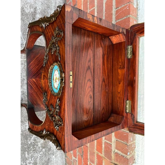 19th Century Louis XV Style Rosewood and Servres Style Porcelain Inset Hinged Vitrine. 19th Century. For Sale - Image 5 of 12