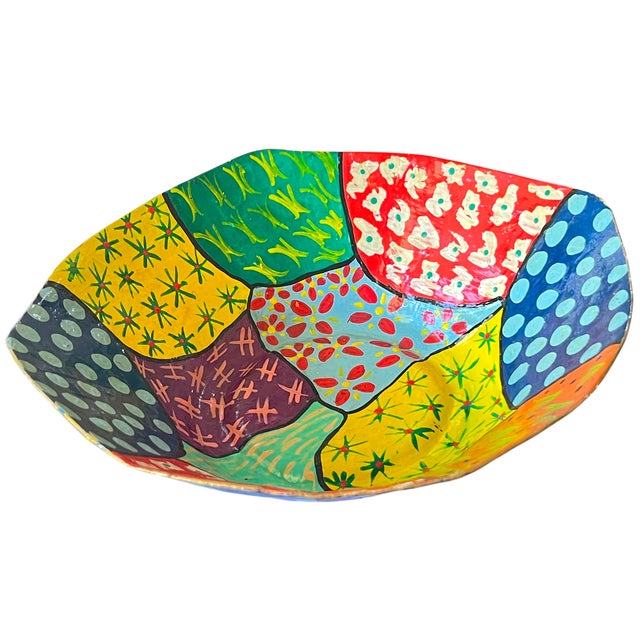 2000 - 2009 Large Hand-Painted Papier-Mâché Bowl – Postmodern / Memphis Style Patchwork – European Folk Modern For Sale - Image 5 of 8
