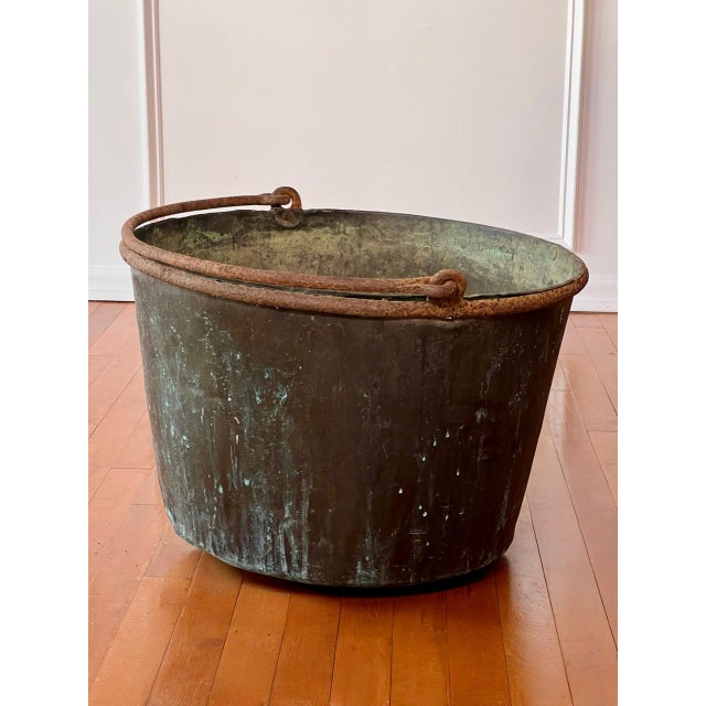 Large, rustic antique Pennsylvania copper apple butter cauldron with iron handle and rim band. A versatile workhorse...