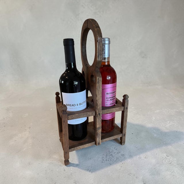 French Provincial Antique French Provincial Wooden Double Wine Bottle Carrier With Glass Inserts For Sale - Image 3 of 9