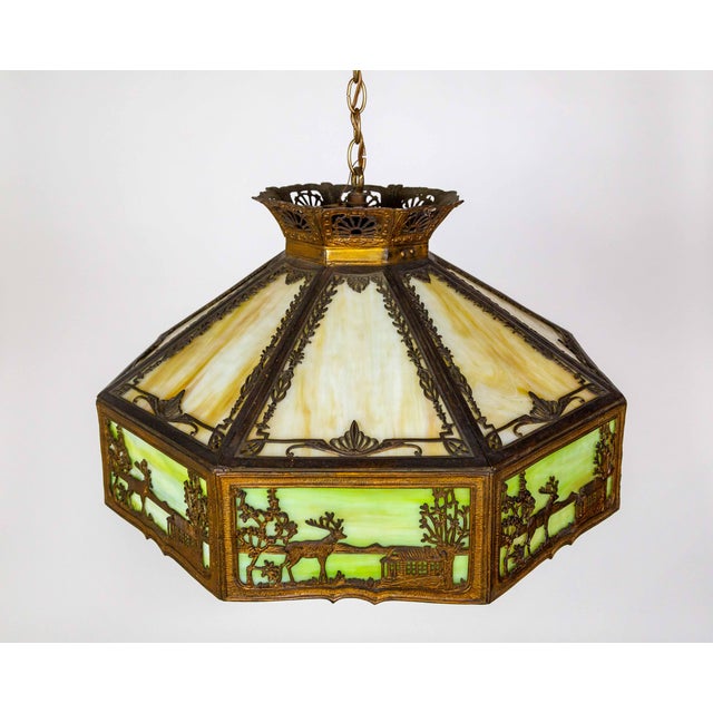 Early 20th Century Pale Green-Amber Slag Glass Pendant Light With Scenic Trim For Sale In San Francisco - Image 6 of 12