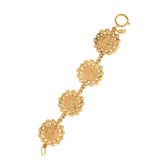Modern Vintage Chanel Coin Bracelet 1980s Medallion Yellow Gold Tone 31 Rue Cambon For Sale - Image 3 of 4