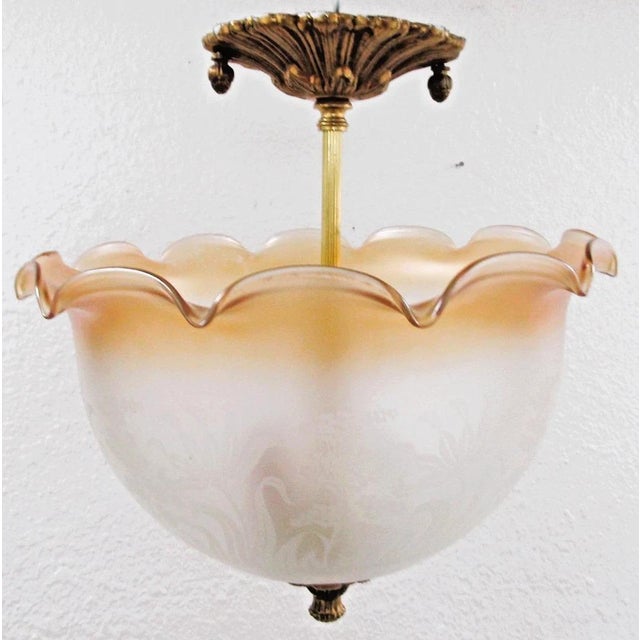 1930s Antique Brass Acorn Floral Design Ceiling Pendant With Amber Clear Frosted Shade For Sale - Image 5 of 17