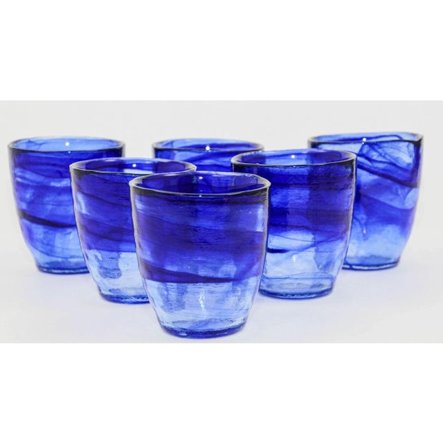 1980s Handcrafted Double OldFashioned Cobalt Blue Thick Art Glass Set