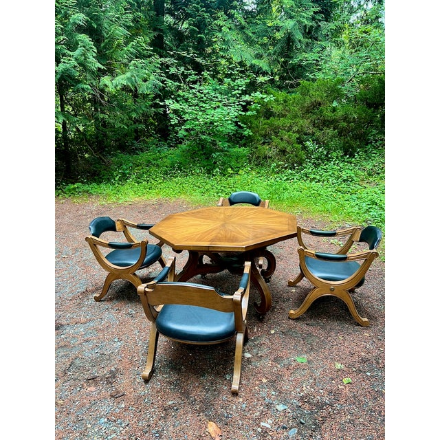 Vintage Drexel Esperanto Octagonal Low Dining & Game Table with Two leaves and Four Curule style matching Chairs A...