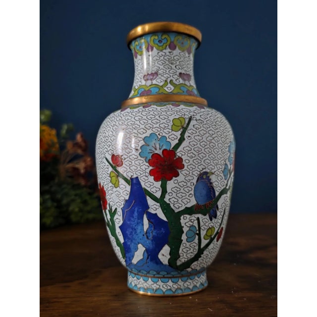 Vintage Chinese Enameled Cloisonné Vase Set For Sale - Image 11 of 18