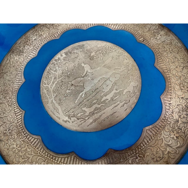 Metal Rare ‘Fox-Hunting Scene' Embossed in a Silver Overlay on an Antique 1920s Bavarian Mitterteich Footed Porcelain Plate For Sale - Image 7 of 13