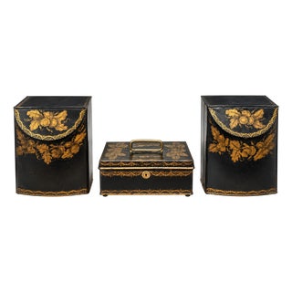 Vintage Black & Gold Floral Toleware 3-Piece Desk Set For Sale