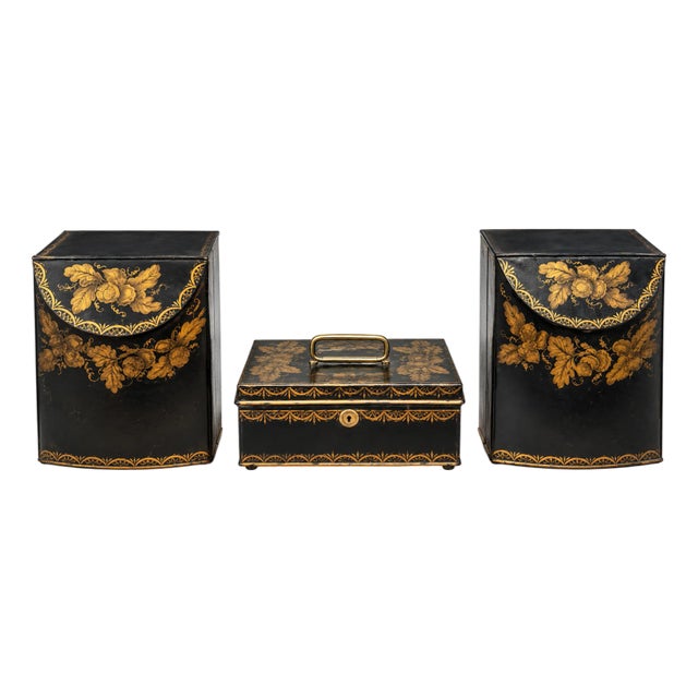Vintage Black & Gold Floral Toleware 3-Piece Desk Set For Sale