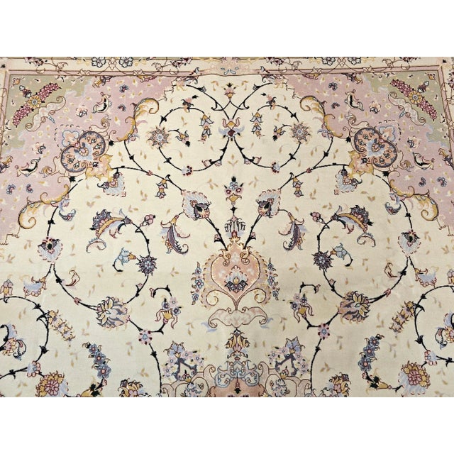 Art Deco Persian Tabriz Rug, Hand-Knotted Wool & Silk, Fine Floral Pattern, Ivory & Pink, 7x10 For Sale - Image 3 of 12