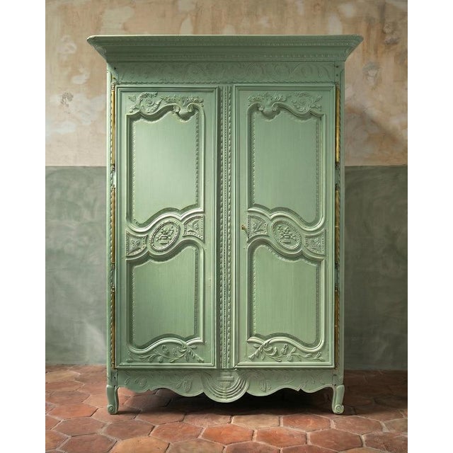 Early 19th Century French Pistache Green Marriage Armoire For Sale - Image 15 of 17