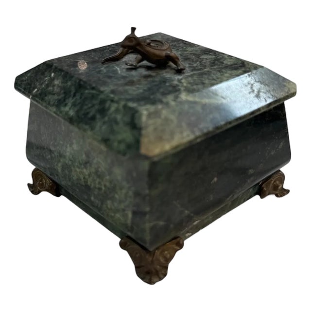 1960s Green Marble Box With Bronze Accents and Animal Finial For Sale