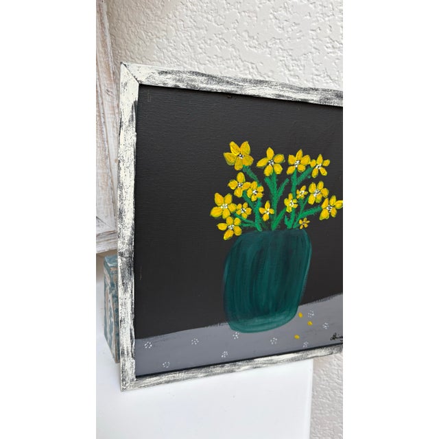 2020s Rustic Whimsical Framed Flowers in a Vase Artisan Painting For Sale - Image 5 of 9