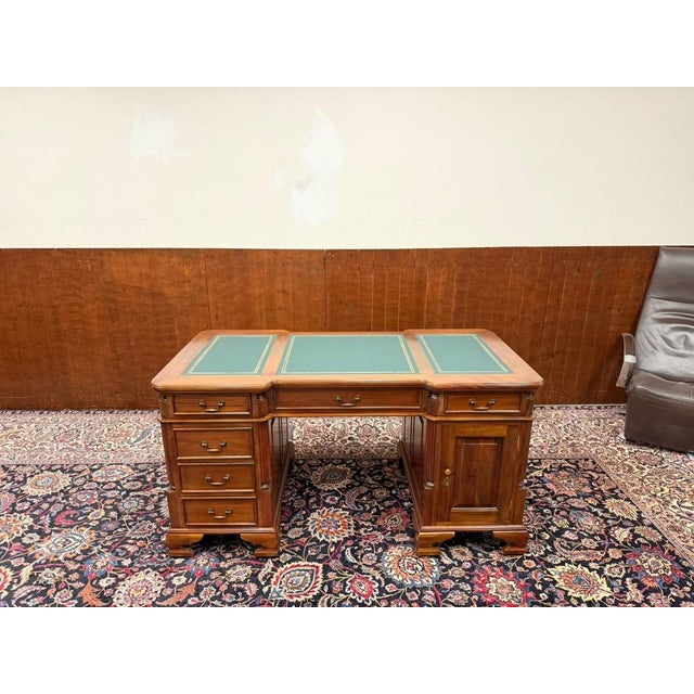 English Partner Desk with Green Leather Top For Sale - Image 4 of 18