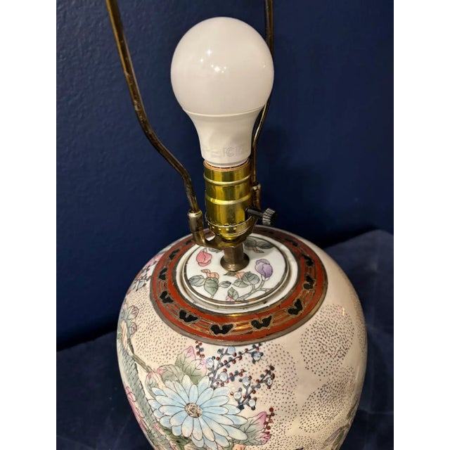 Cream 1970s Kalart Stippled Famille Rose Jar Lamp Cranes For Sale - Image 8 of 11