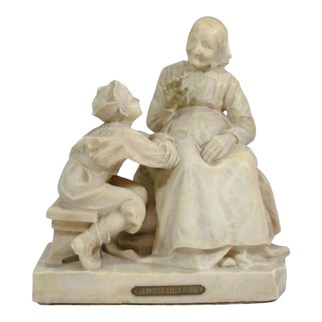 Early 20th Century E Battiglia La Favola Della Nonna Alabaster Italian Sculpture Tale of Grandma For Sale