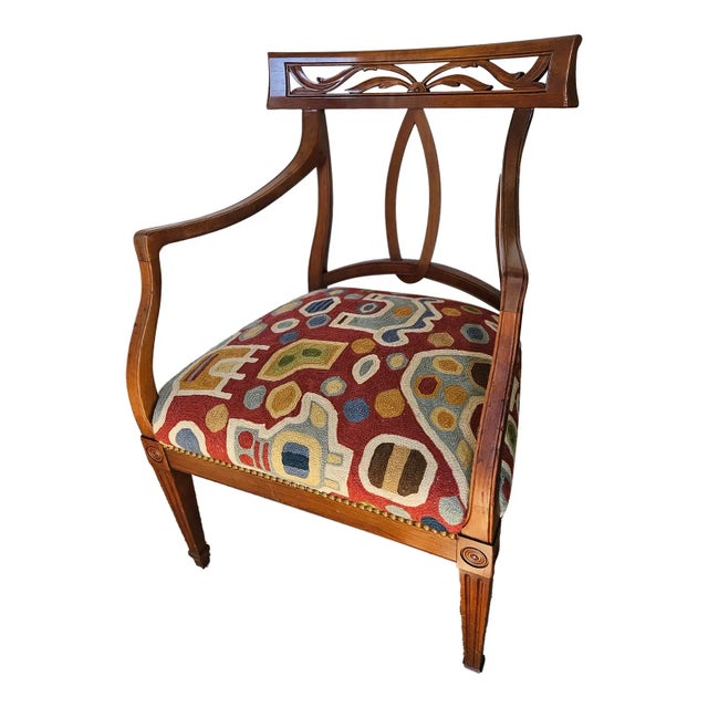 Wood Vintage Italian Fruitwood Armchair Having New Abstract Crewel Embroidery Seat and French Nailhead Trim For Sale - Image 7 of 7