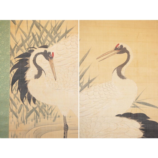 XL Meiji Era "Two Cranes" by Kishida Kinkoku, Japanese Silk Scroll Painting in Wooden Case For Sale - Image 12 of 17