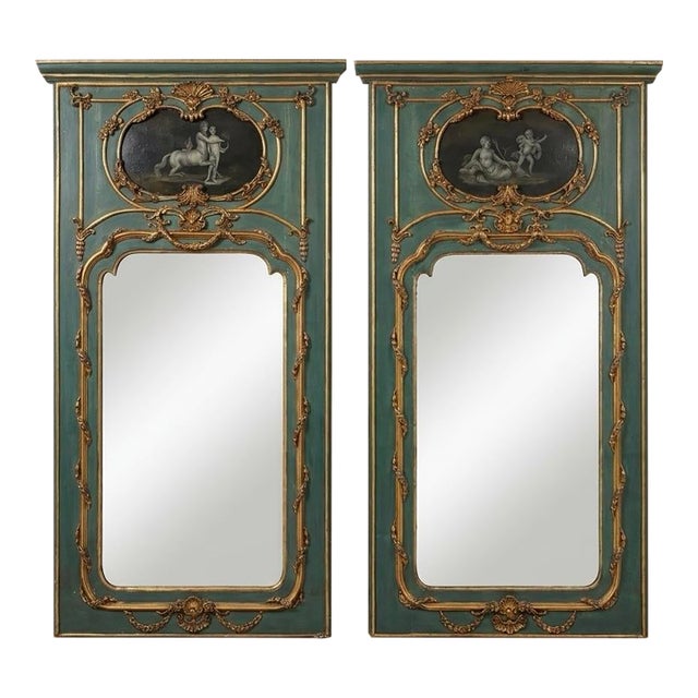 1950s Pair of Neoclassical Trumeau Mirrors With Mythological Grisaille Panels For Sale