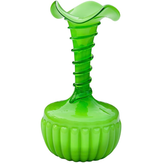 Mid-Century Modern Mid 20th Century Handcrafted & Ruffled Green Art-Glass Vase For Sale - Image 3 of 8