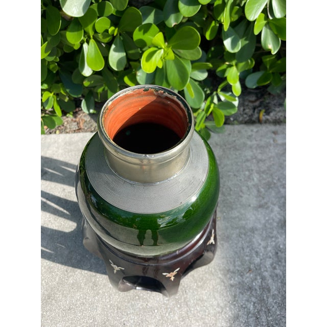 Vintage Signed Safi Tensift Moroccan Green Glazed Pottery Vase With Metal Mounts For Sale - Image 4 of 10