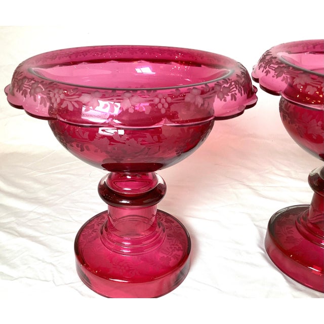 Victorian Pair of 19th Century Victorian Cranberry Glass Pedestal Bowl Compotes For Sale - Image 3 of 9