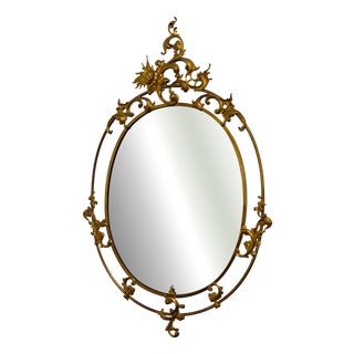 Mid-Century Modern Oval Brass Mirror with Decoration, 1950s For Sale