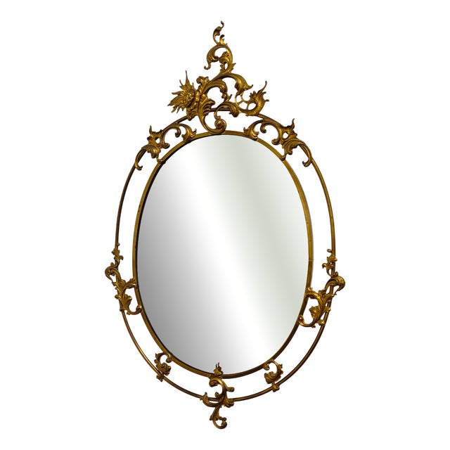 Mid-Century Modern Oval Brass Mirror with Decoration, 1950s For Sale