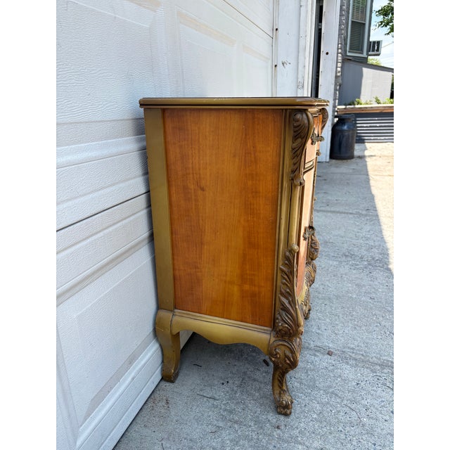 Mid 20th Century Vintage French Provincial Revival Parquetry Bedside Cabinet Nightstand Chest With Carved Details For Sale - Image 5 of 12