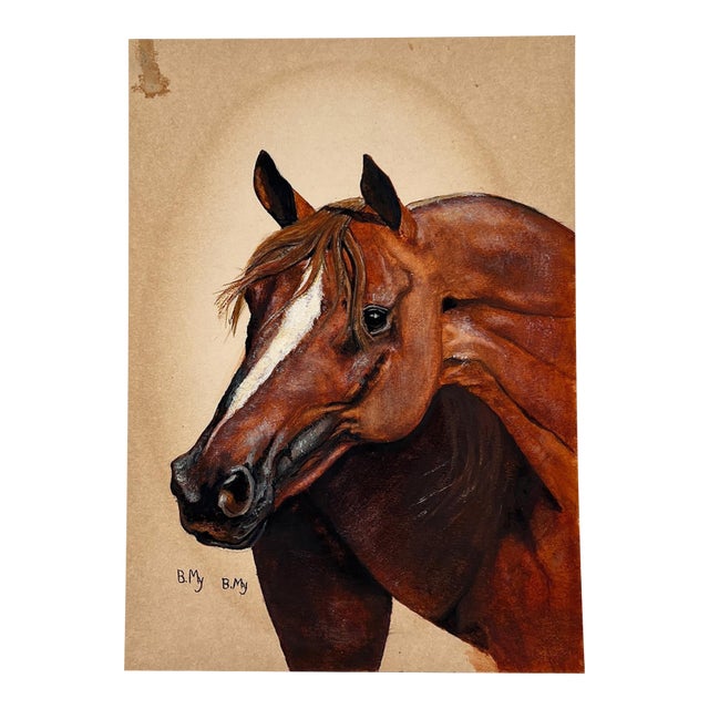 Hand-Painted Equestrian Horse Portrait on Board, Signed B. My, Mid-Century For Sale