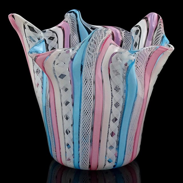 Gorgeous vintage Murano hand blown pink, sky blue, and white ribbons Italian art glass handkerchief / fazzoletto vase....