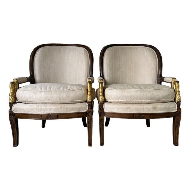 Vintage French Empire Style Swan Armchairs With Gilded Carved Arms – A Pair For Sale