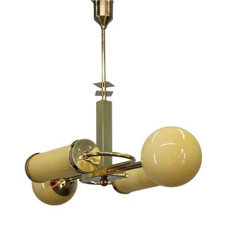 Czech Art Deco Brass Chandelier with Globe and Opaline Shades, 1930s For Sale