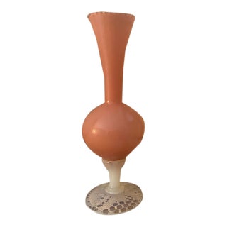 Vintage Italian-Style Pink Opaline Glass Trumpet Vase With Iridescent Pedestal For Sale