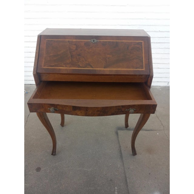 Traditional Late 20th Century French Provincial Burl Walnut W/ Inlay Drop Front Desk For Sale - Image 3 of 9